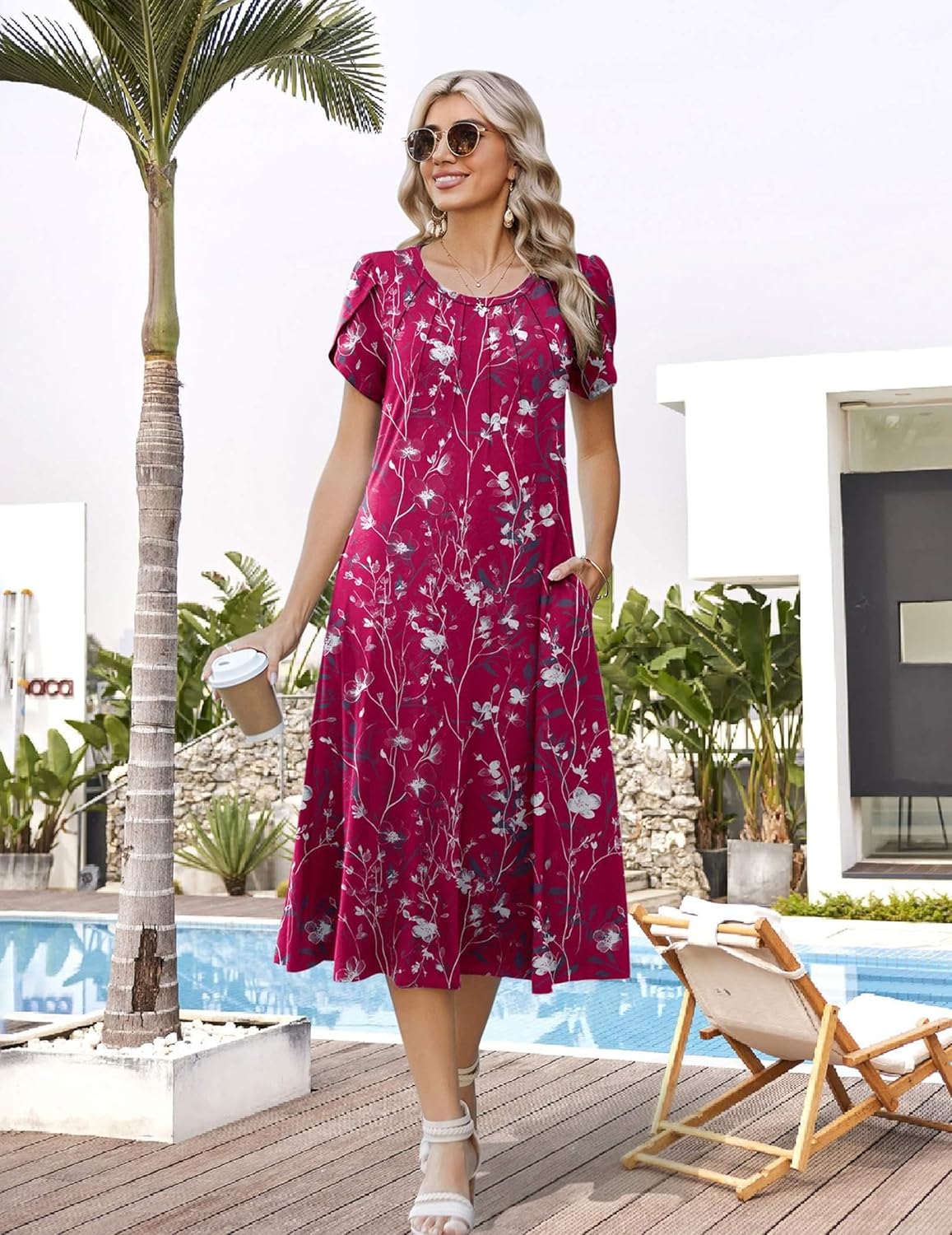 Zeagoo Womens Casual Summer Dress 2026 Petal Short Sleeve Dresses with Pleats Midi A Line Flowy Dress Boho Sundress - Image 6