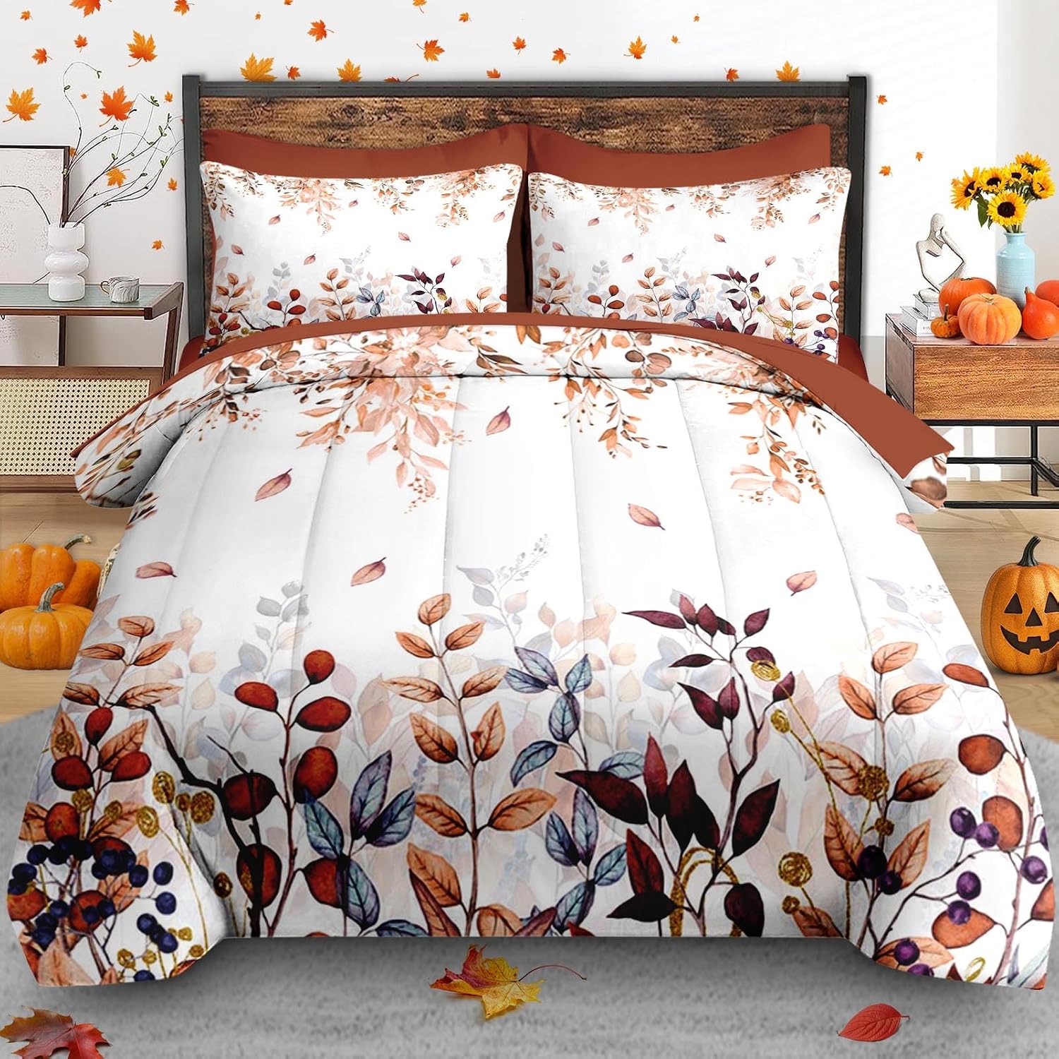 Pamnest Queen Fall Comforter Set with Sheets, 7 Pieces Eucalyptus Bedding