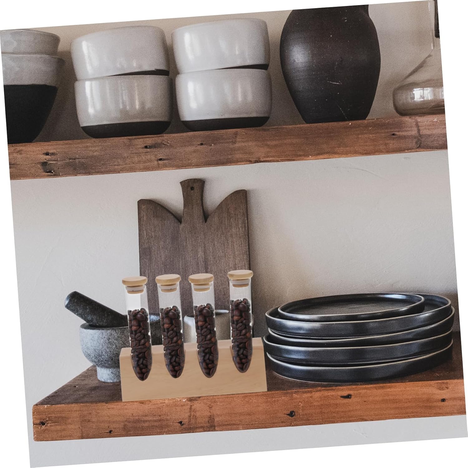 Glass Containers Wooden Stand 1 Set of Bean Storage Tubes Airtight Holder for Tea Candy Honey Kitchen Use