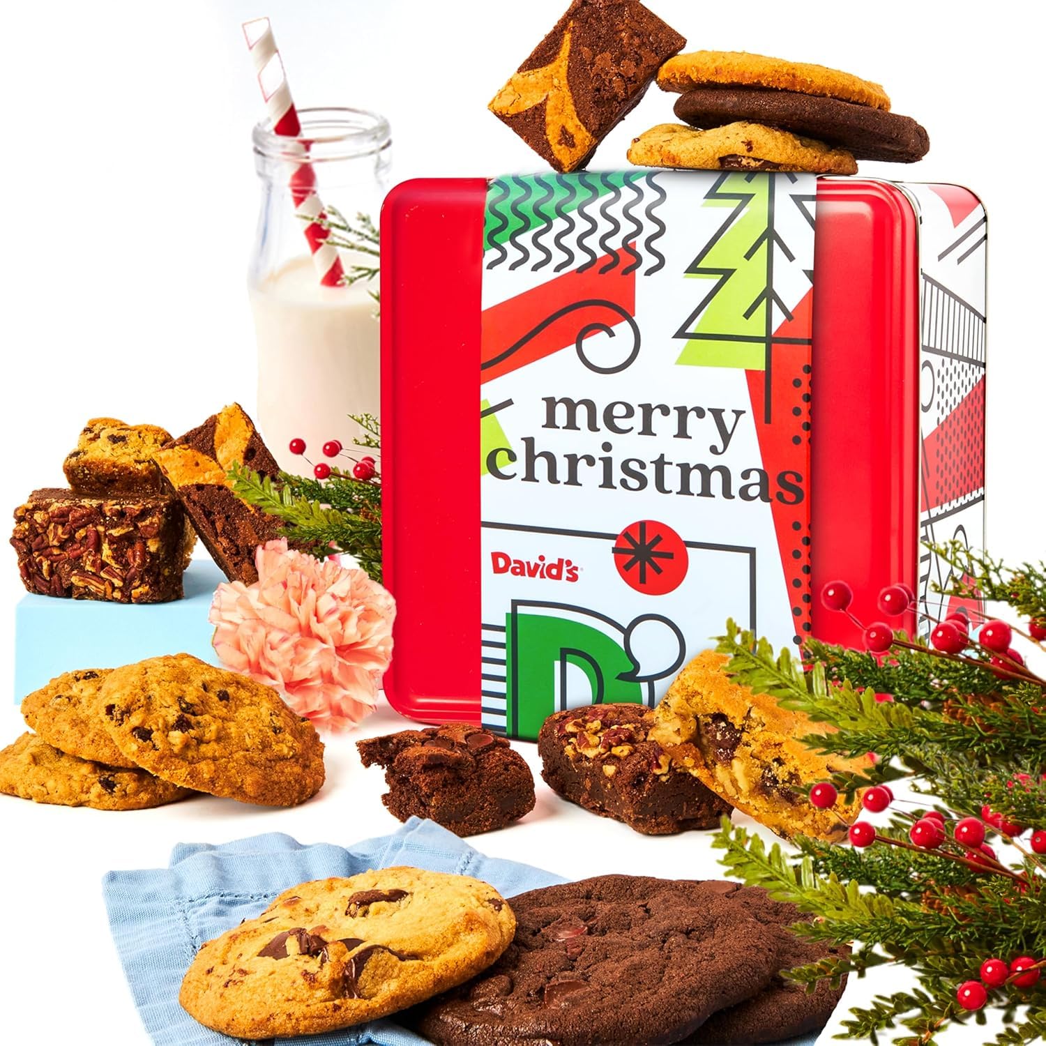 David’s Cookies Cookies & Brownies Assortment – Freshly Baked Gourmet Holiday Treats – Festive Bakery Dessert Gift Box – Assorted Cookies and Brownies in Merry Christmas Tin