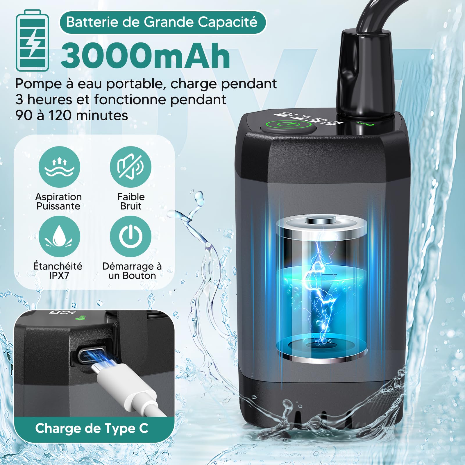 ShinePick Ducha Camping,Ducha Portátil 3000mAh Recargable Kit | LED inteligente, 3 modos de ducha, IPX7, adecuado para acampar, al aire libre, coche, animales domésticos