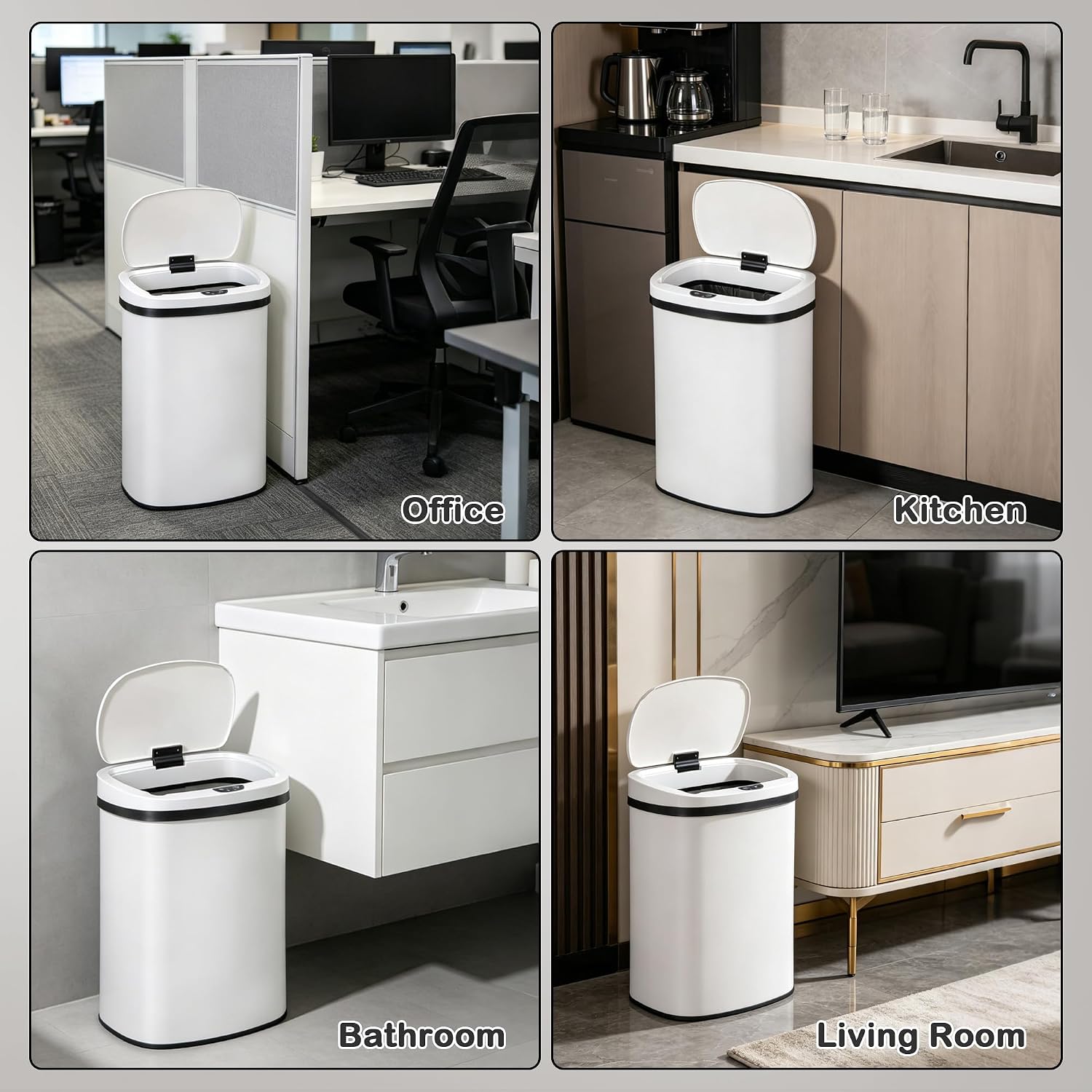 Kitchen Trash Can, 13 Gallon Automatic Can with Lid and Motion Sensor Office Bedroom Bathroom Living Room, Touchless Metal Lid, WHITE, 17.3 x 13 x 23.6