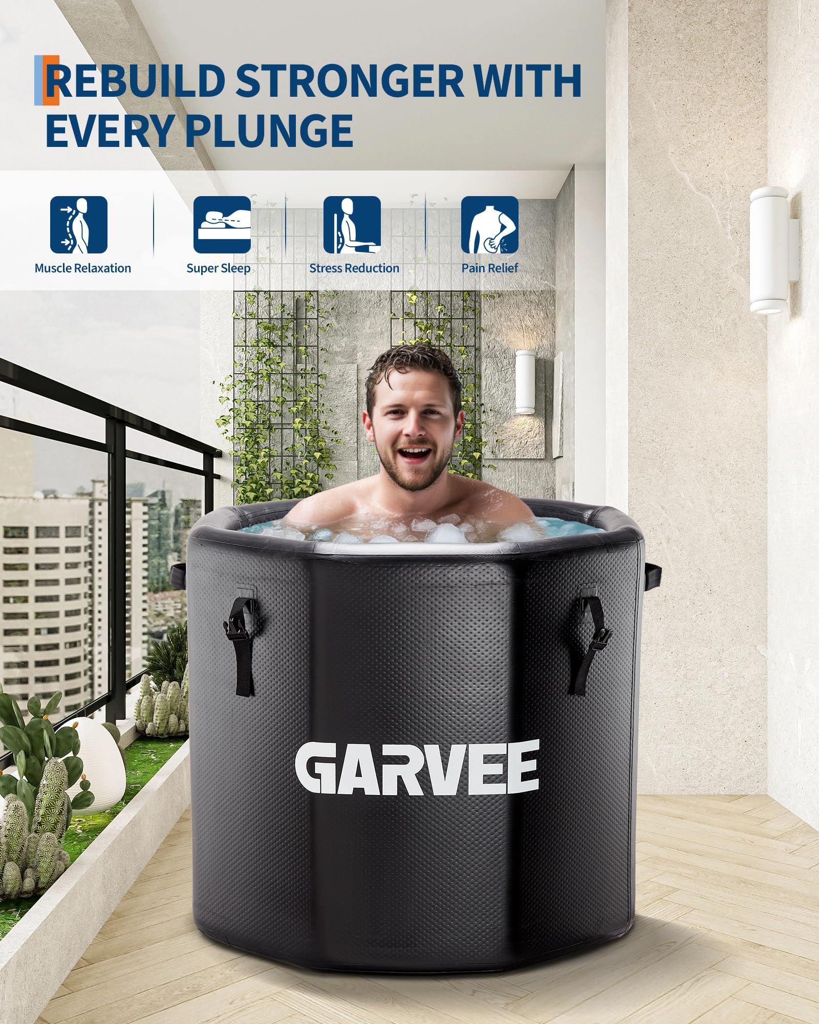 Garvee baquet à glace gonflable pour sportifs 700L, Récupération musculaire rapide – Couvercle isolant, compatible refroidisseur d'eau, usage intérieur/extensionérieur – Bain froid portable