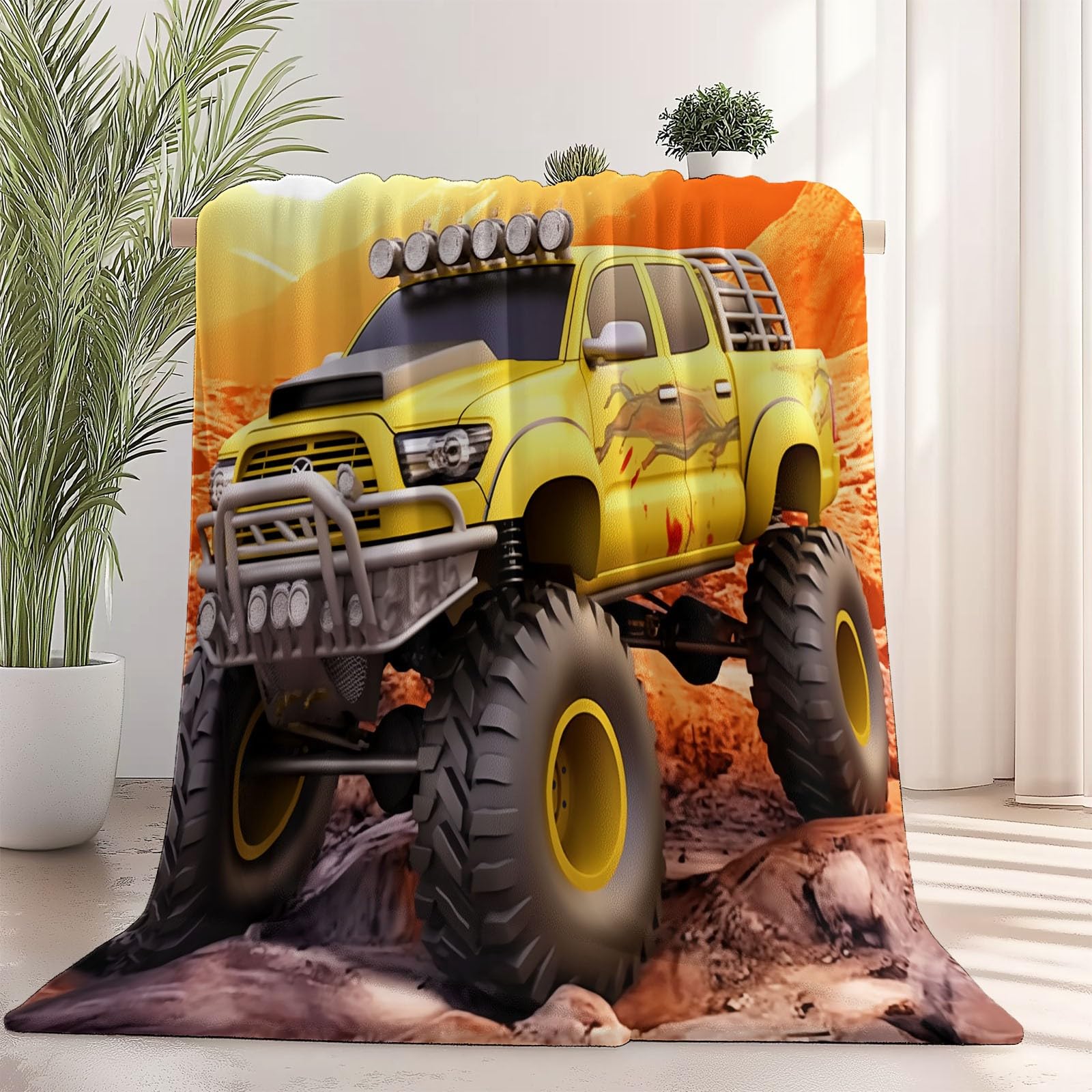 Couverture Jeté Polaire en Flanelle Jaune, Plaid Doux et Moelleux, 3D Imprimé Gros Plan Camion Montagnes, Idéal pour Lit, Canapé ou Voyage, 180×200 cm