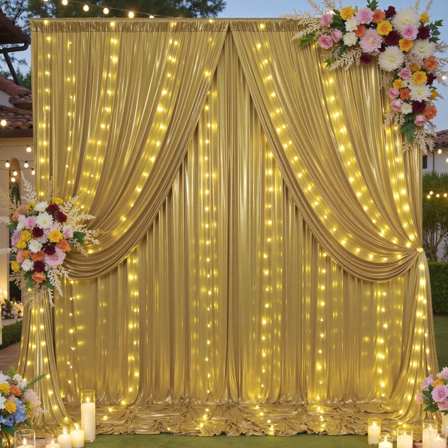 20x10 ft Gold Sequin Backdrop Curtain with Lights for Parties, Wrinkle Free Glitter Photo Backdrop Drapes Shimmer Back Drop Cloth with Light Strings for Wedding Birthday Photography Background