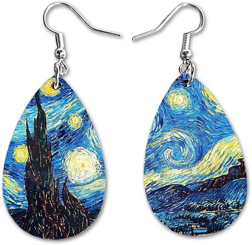 Starry Night Van Gogh Novelty Fun Dangle Earrings Set  Cute Girls Womens Jewelry Earings  Double Sided Print  Holiday Gifts  Birthday Easter