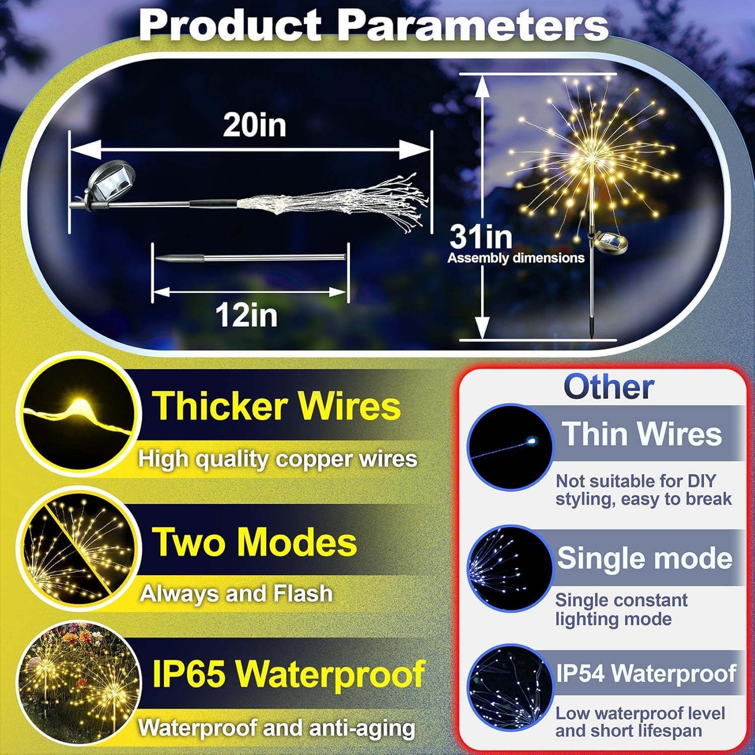 Anordsem Solar Lights Outdoor Waterproof: 4 Pack Garden Light - Bendable Copper Wire with 120 LED Firework Beads - DIY Warm Fun Decoration for Yard Patio - Twinkle Sparkler Gifts for Women Wife