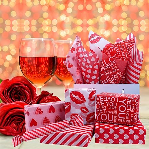 Miniatura 2 de AORZIT 120 hojas de papel de seda para el día de San Valentín, 8 diseños de corazón rosa y rojo, patrón de labios, papel de regalo para San
