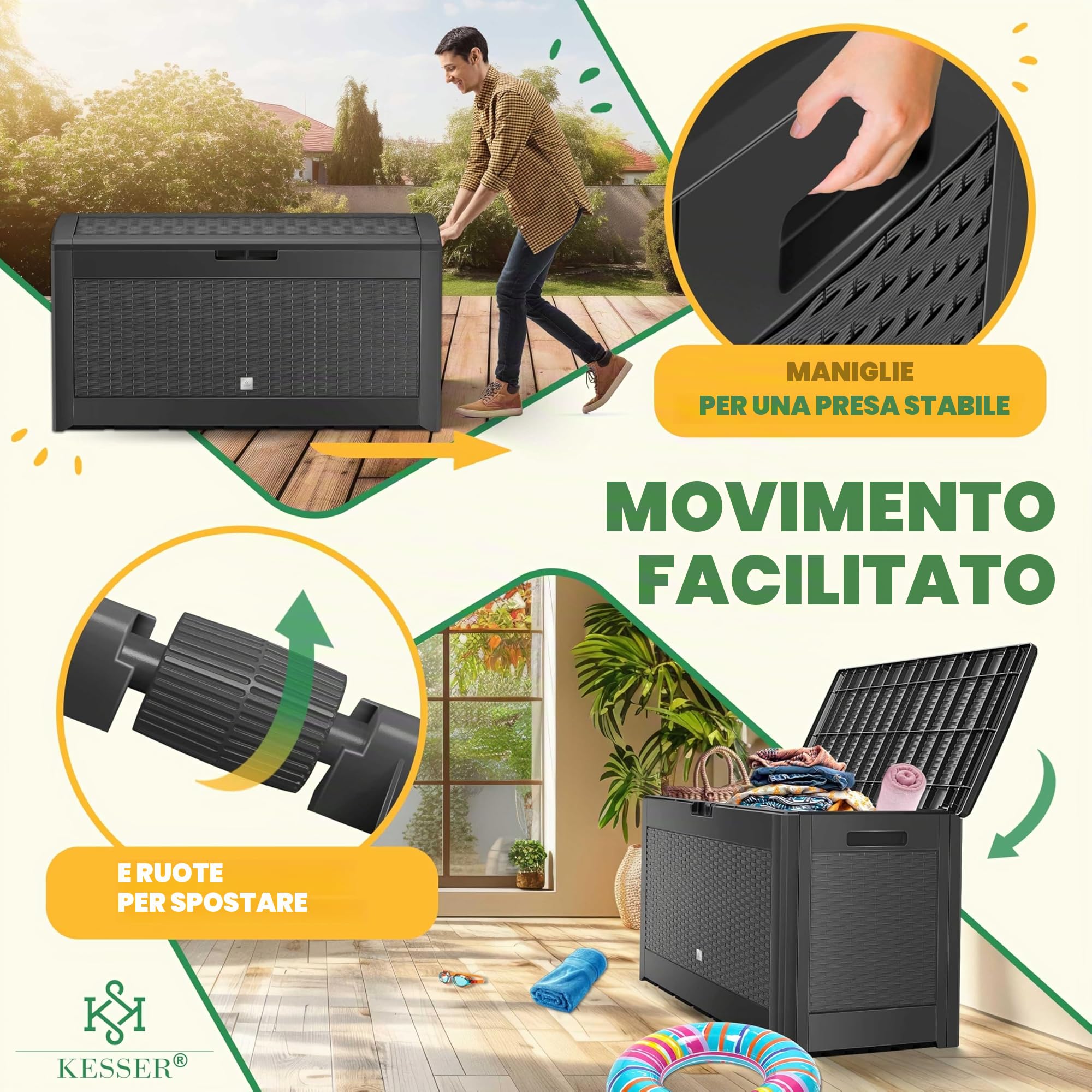 KESSER® Box portacuscini Baule Contenitore per Cuscini da 310 Litri con rotelle, Coperchio Ribaltabile, impugnature, Contenitore da Giardino Resistente alle intemperie Cassapanca