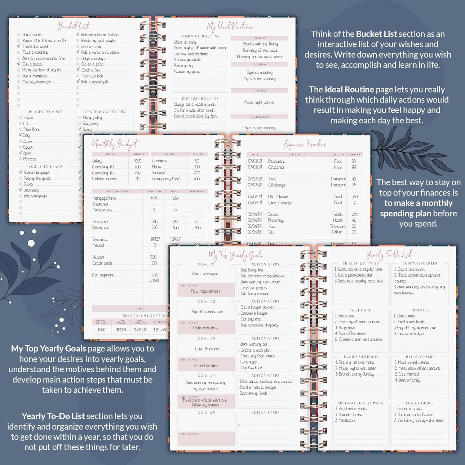PLANBERRY Weekly Planner Premium – Undated Life Organizer & Budget Planner – Time Management, Goal Setting, To-Do List, Work-Life Balance & Habit Tracker – 6.9″ x 8.5″ (Tropical Night)