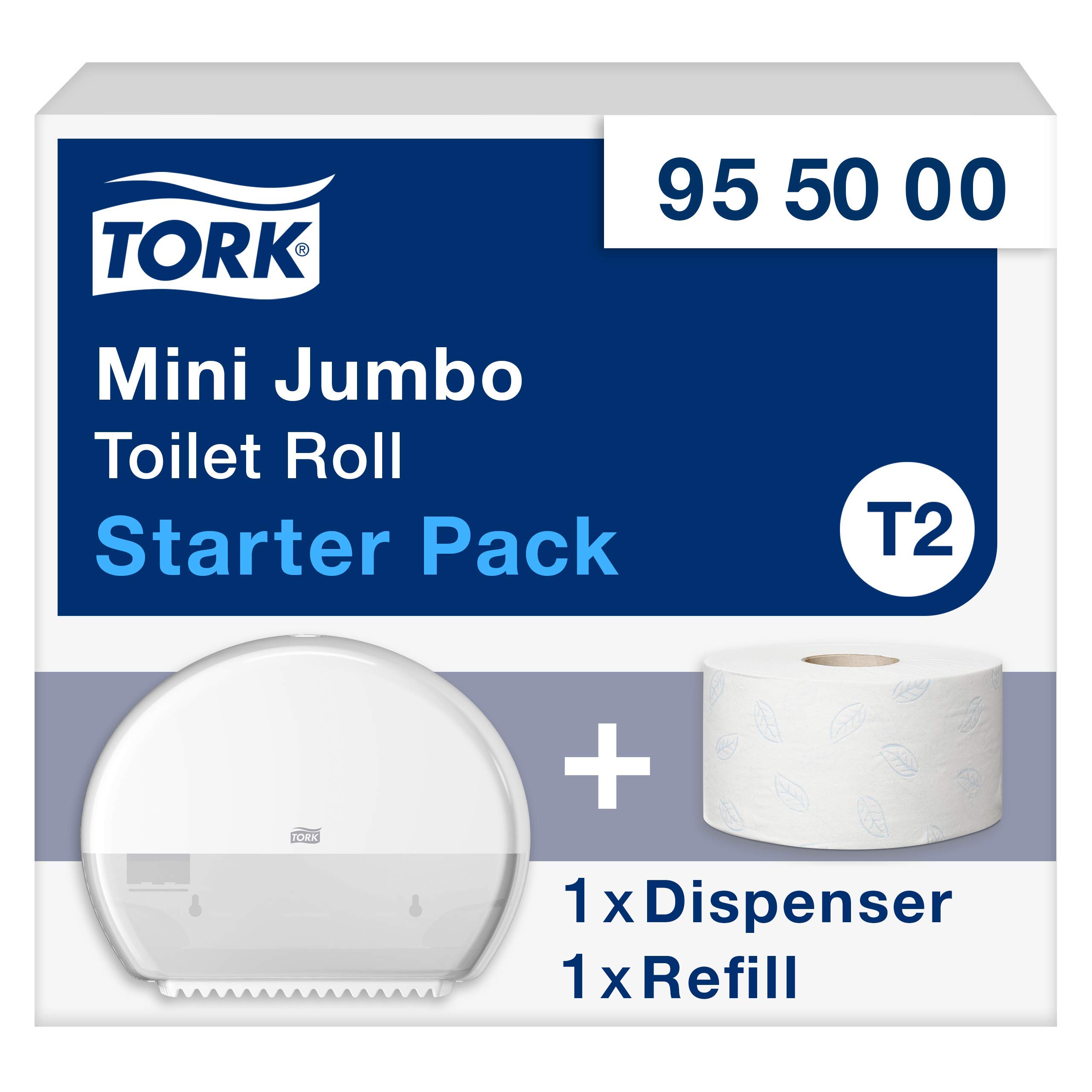 Tork Pack de démarrage pour Mini Distributeur murale de papier toilette rouleau jumbo blanc T2, grande capacité, gamme Elevation, distributeur et 1 consommable, 955000