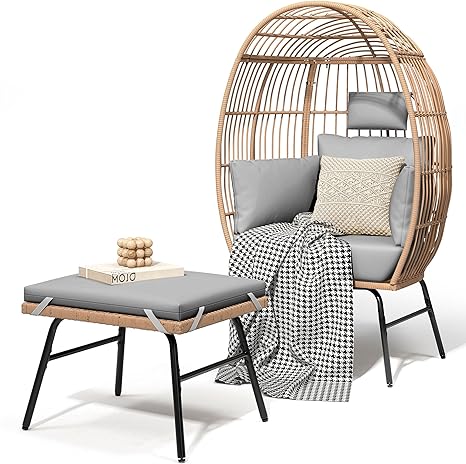 DWVO Outdoor Egg Chair with 2-in-1 Footrest, Patio Wicker Basket Chair with Ottoman, Indoor Egg Chairs with Cushion, Boho Cocoon Chair for Outside, Bedroom, Grey