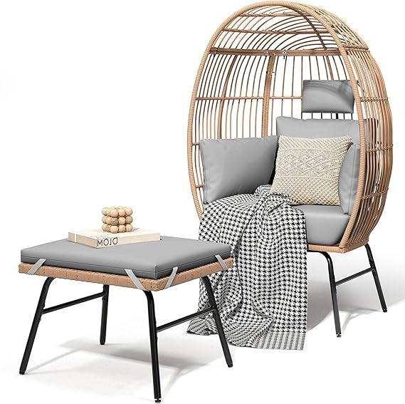 DWVO Outdoor Egg Chair with 2-in-1 Footrest, Patio Wicker Basket Chair with Ottoman, Indoor Egg Chairs with Cushion, Boho Cocoon Chair for Outside, Bedroom, Grey
