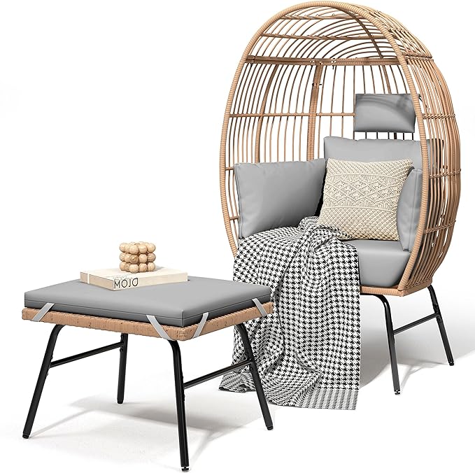 DWVO Outdoor Egg Chair with 2-in-1 Footrest, Patio Wicker Basket Chair with Ottoman, Indoor Egg Chairs with Cushion, Boho Cocoon Chair for Outside, Bedroom, Grey