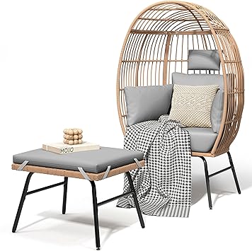 DWVO Outdoor Egg Chair with 2-in-1 Footrest, Patio Wicker Basket Chair with Ottoman, Indoor Egg Chairs with Cushion, Boho Cocoon Chair for Outside, Bedroom, Grey