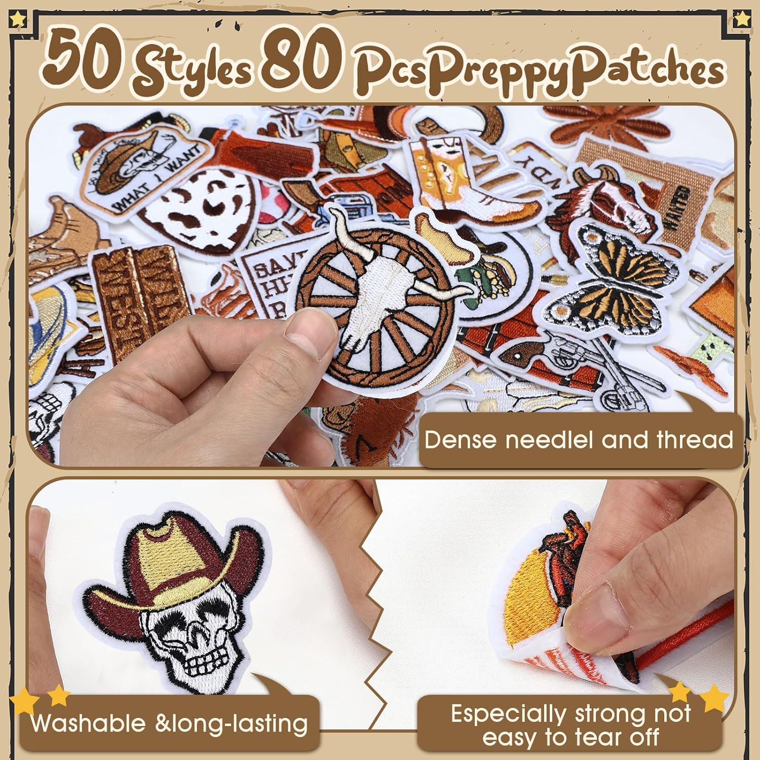 Thiccywoov 80 Pcs Country Western Cowboy Iron on Patches Brown Patches for Hat Vintage Embroidered Sew on Applique Bulk for Clothing Jackets Backpacks Stockings DIY Accessories