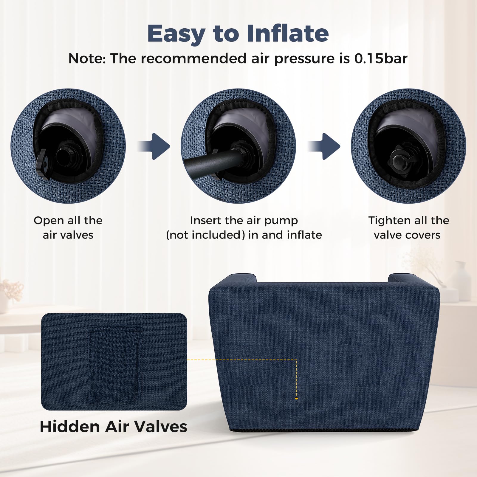 COSTWAY Fauteuil Gonflable, Canapé Portable 1 Place avec Housse Détachable, Accoudoirs Larges & Assise Spacieuse, Base Antidérapante, Fauteuil Gonflable Intérieur pour Salon, Bureau, Chambre (Bleu)