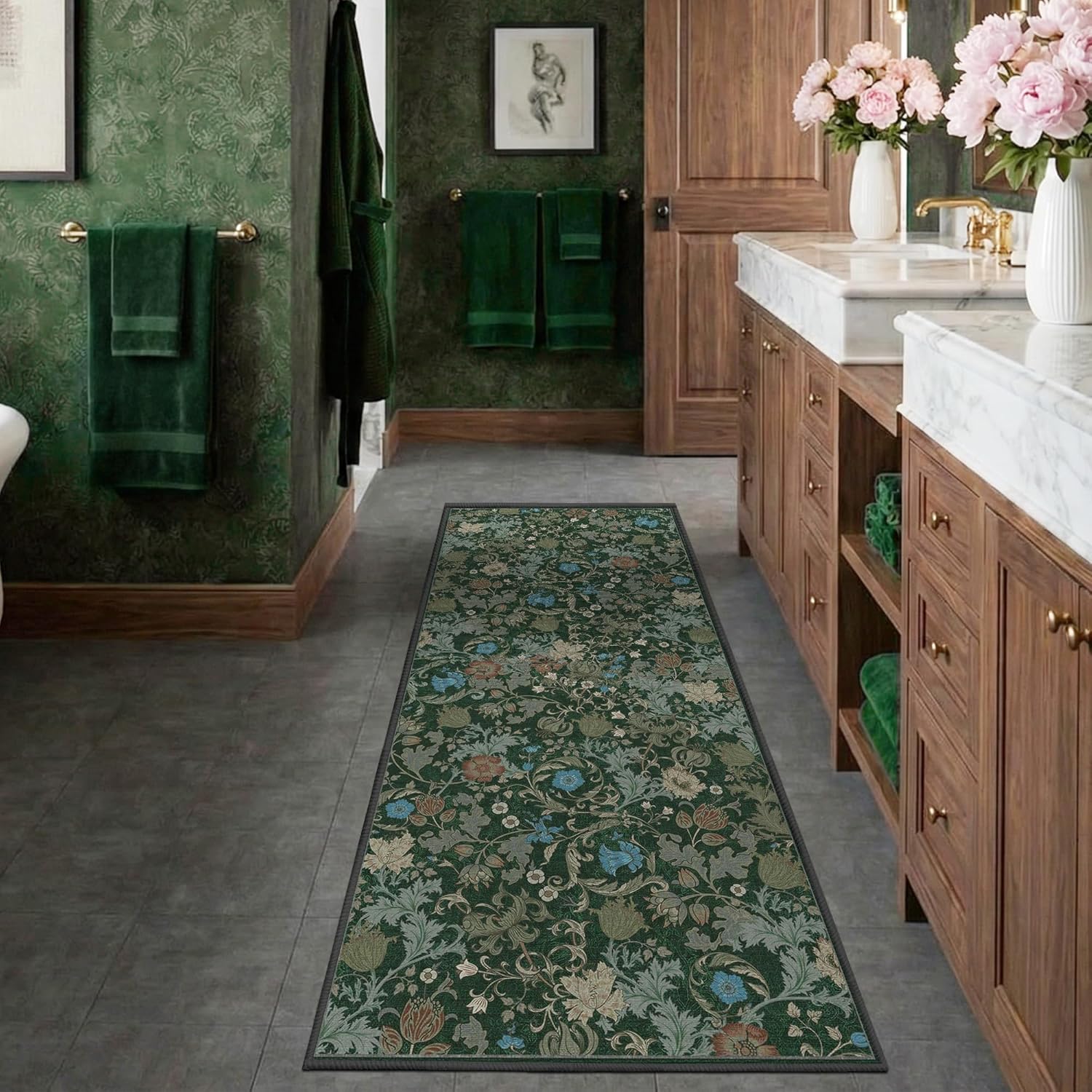 Forest Green Machine Washable Floral Runner Rug 2x6, Vintage Farmhouse Botanical Runner Rug, Non Slip Low Pile Thin Floor Rug for Hallway Kitchen Laundry Bedroom Bedside Indoor Entryway