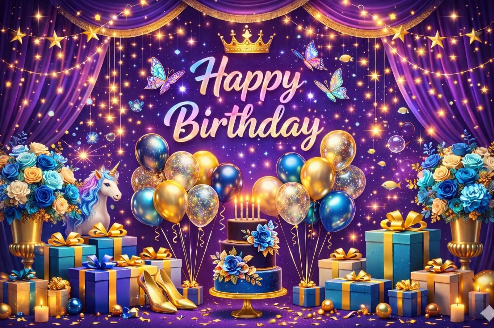 Royal Purple Birthday Backdrop Cloth 5x3 ft – Crown Theme Fabric Banner with Balloons, Cake & Gift Design, Reusable Decoration for Party & Photoshoot-image-10