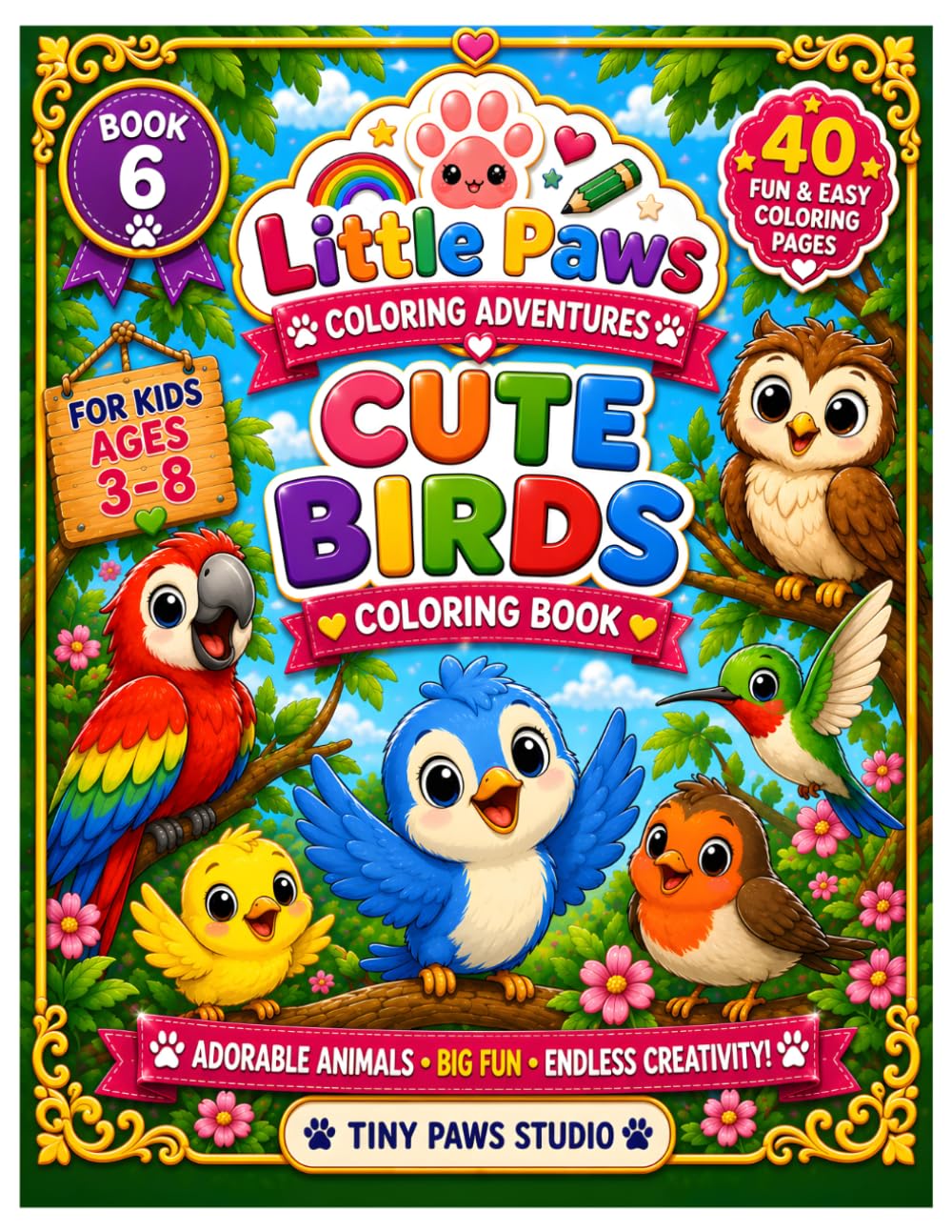 Cute Birds Coloring Book: 40 Fun & Easy Bird Coloring Pages for Kids Ages 3–8 (Little Paws Coloring Adventure)