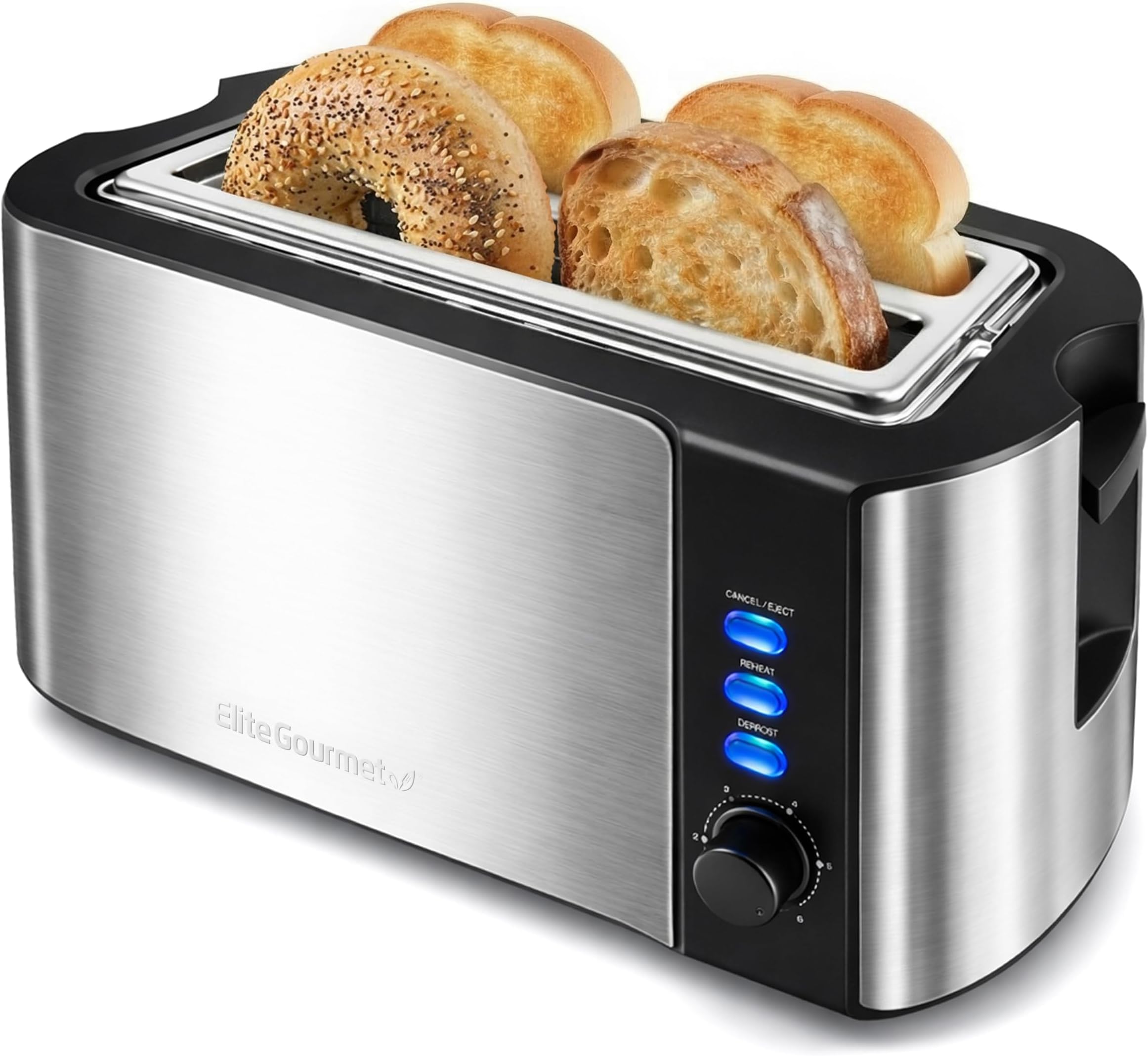 Elite Gourmet ECT-3100 4-Slice Long Slot Toaster | Extra Wide Slots for Bagels, Sourdough & Texas Toast | 6 Browning Settings | Reheat, Defrost & Cancel | Built-In Warming Rack | Stainless Steel