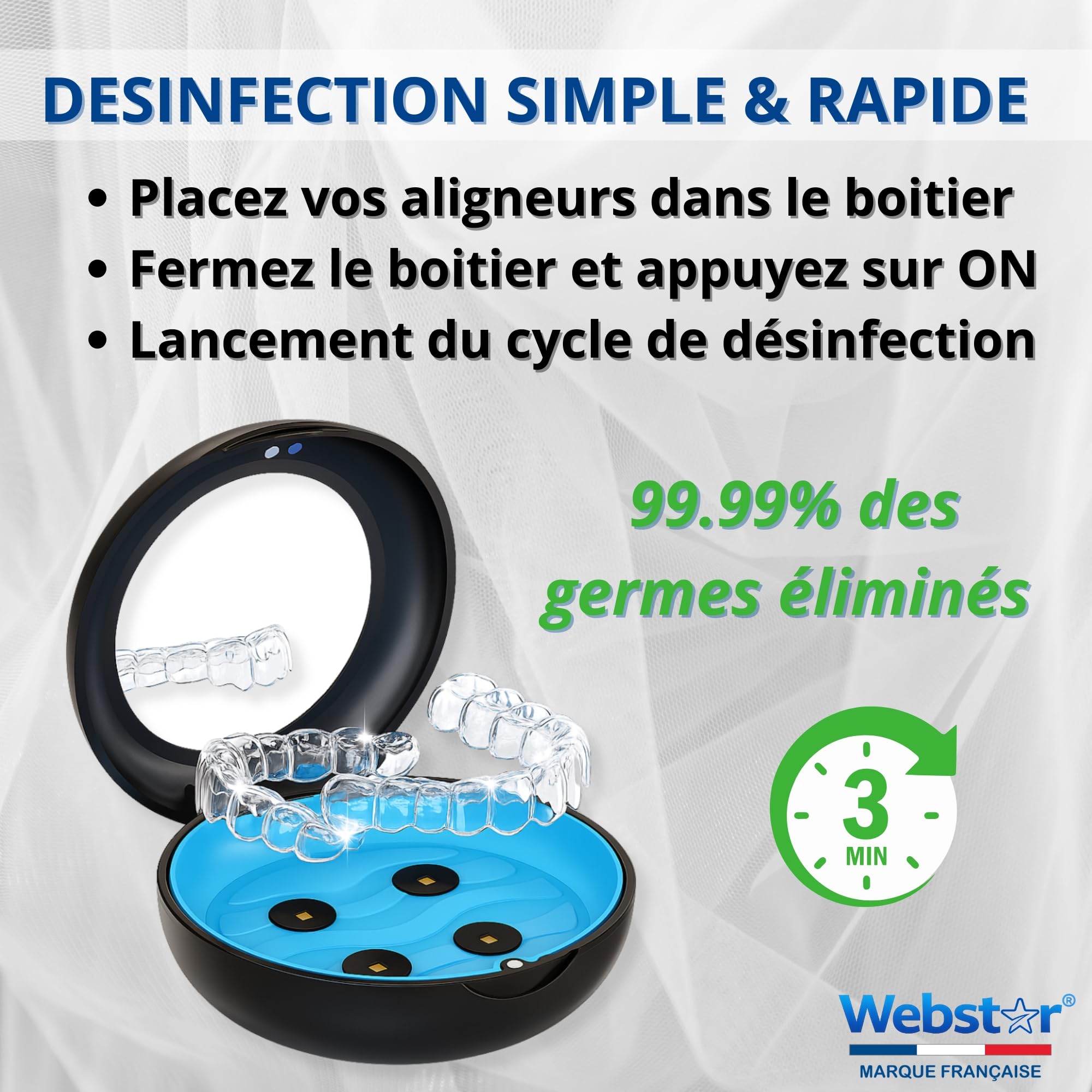 Webstar Tech® Etui UV pour Aligneurs | Elimine Virus Bactéries et Odeurs | Gouttières dentaires | Désinfectant UV appareils orthodontiques | Bac Aligneurs Invisalign | Boite Désinfectante Invisalign