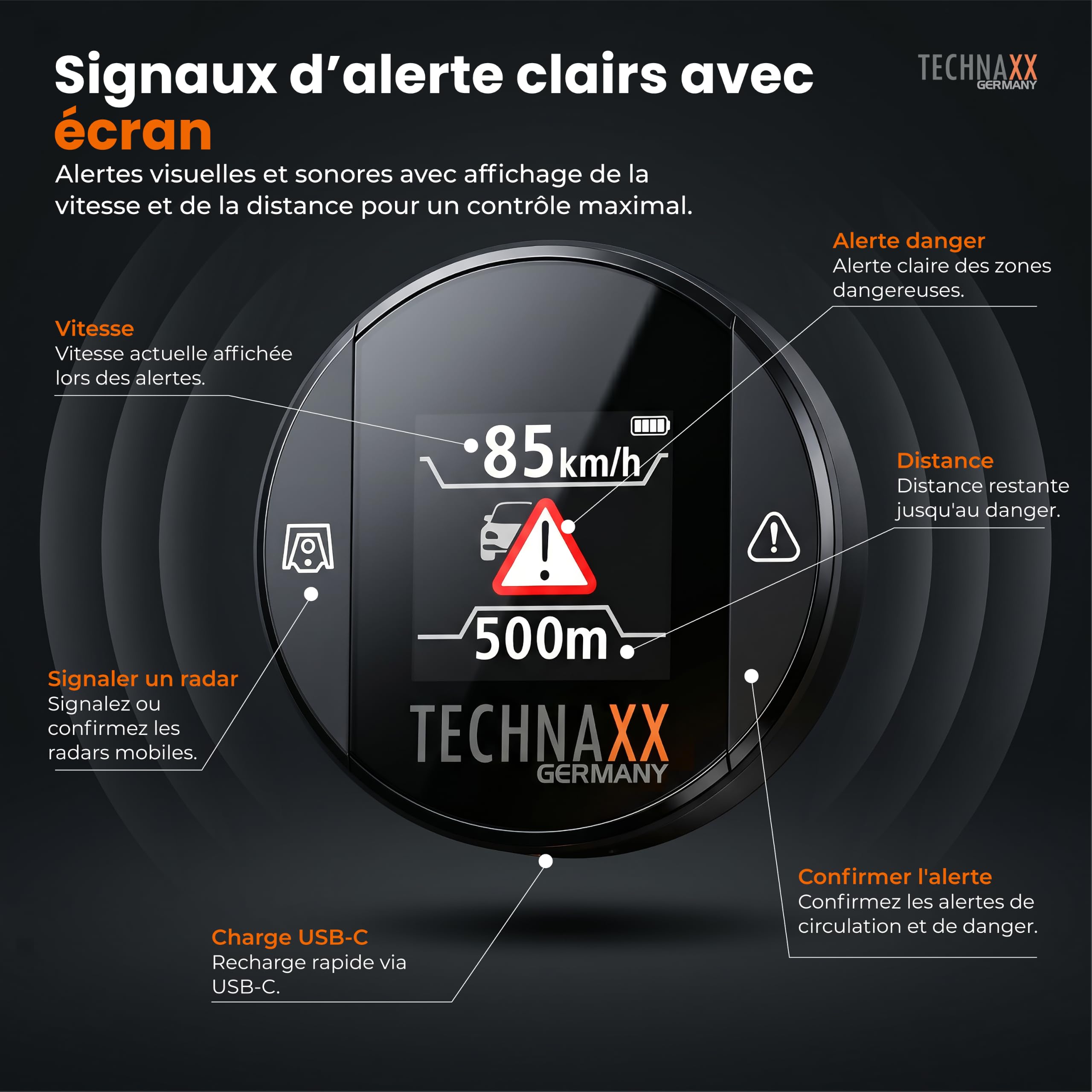 Technaxx détecteur de Radar avec Blitzer.de– Dispositif d’Alerte routière avec écran, alertes de Vitesse et de Danger, Affichage en Temps réel, Compatible Apple CarPlay et Android Auto – TX-388