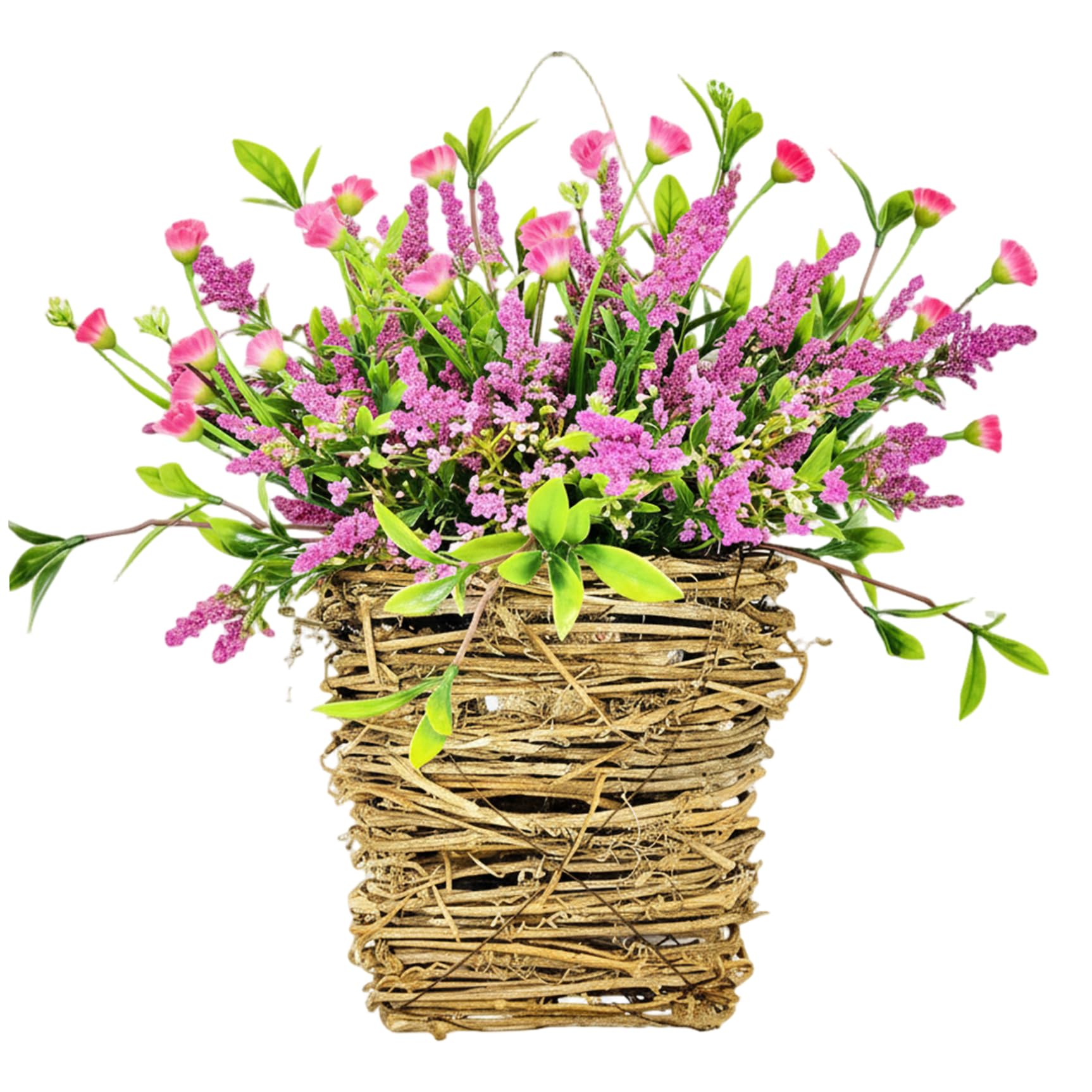 Panier de porte de printemps floral avec nœud en toile de jute pour cadeau de crémaillère
