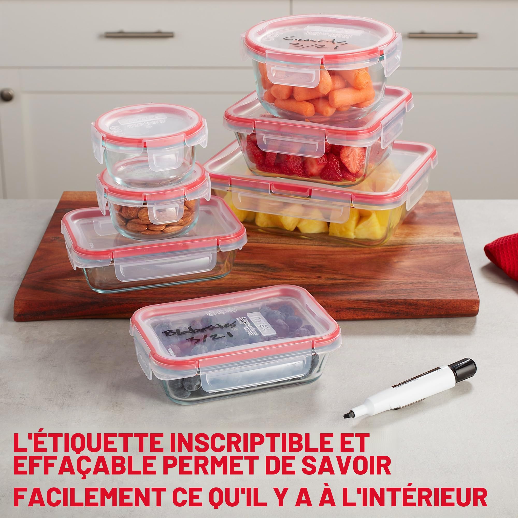 Pyrex Freshlock (Lot de 7) Ensemble de bocaux en verre pour conservation des aliments, (1, 2, 4 tasses) Couvercles hermétiques et anti-fuites avec verrouillage en plastique sans BPA, Ensemble de