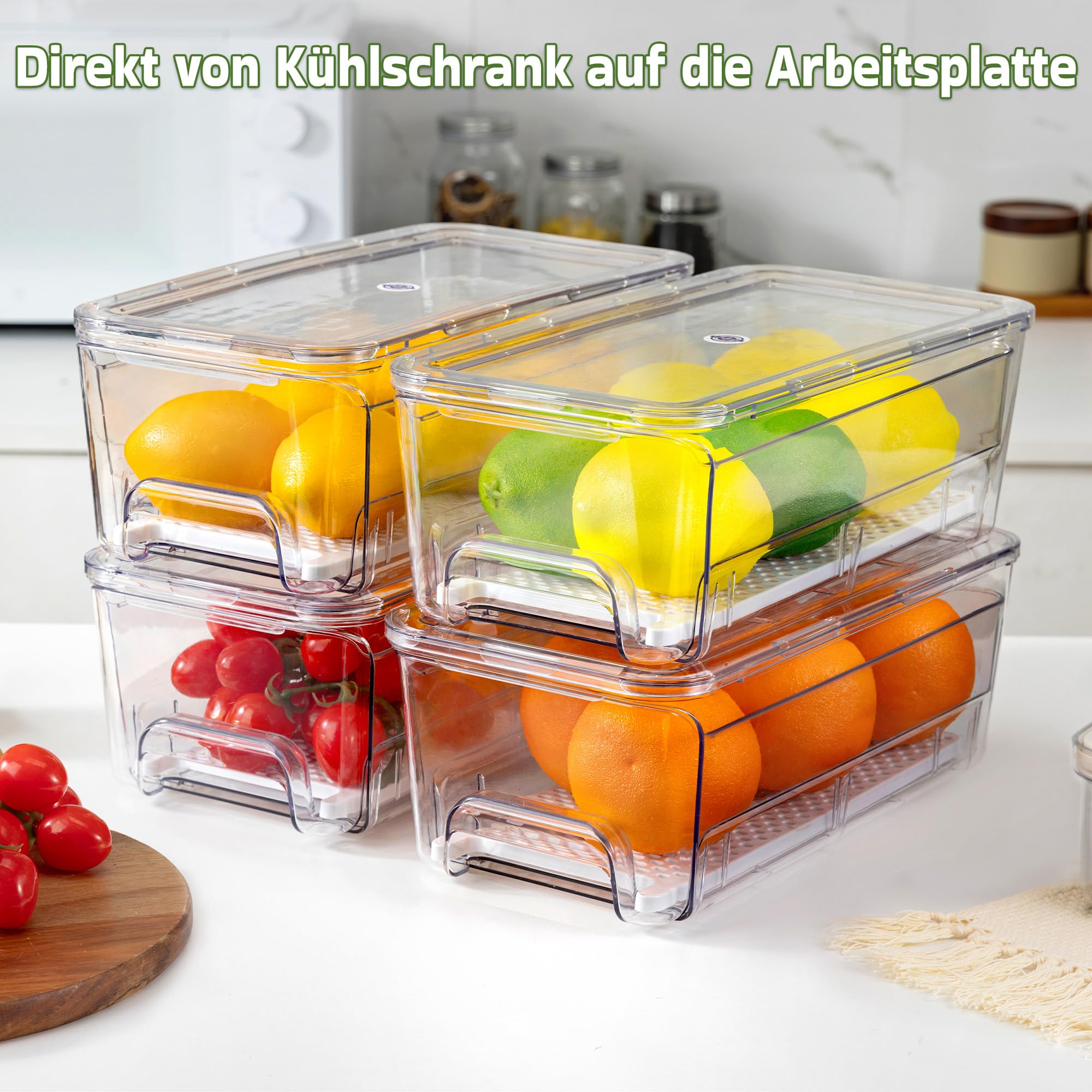 MIUKAA Kühlschrank Organizer Schublade, 4 Stück Doppelschichtige Stapelbar, Aufbewahrungsbox Kücheorganizer, Speisekammer Vorratsbehälter Durchsichtig Behälter für Kühlschrank, Küchen, Schränke