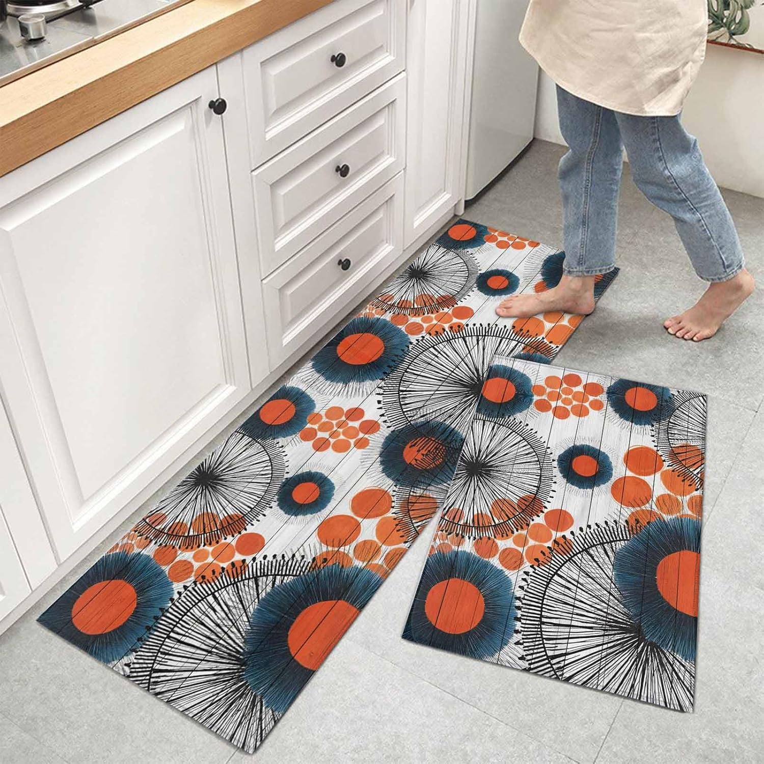Teamery Kitchen Mats for Floor Abstract Boho Flower Orange Color Block Washable Non Slip Kitchen Rugs 2PCS, Gray Wood Board Absorbent Standing Mats for Sink Office Living Room 15.7x23.6in+15.7x47.2in