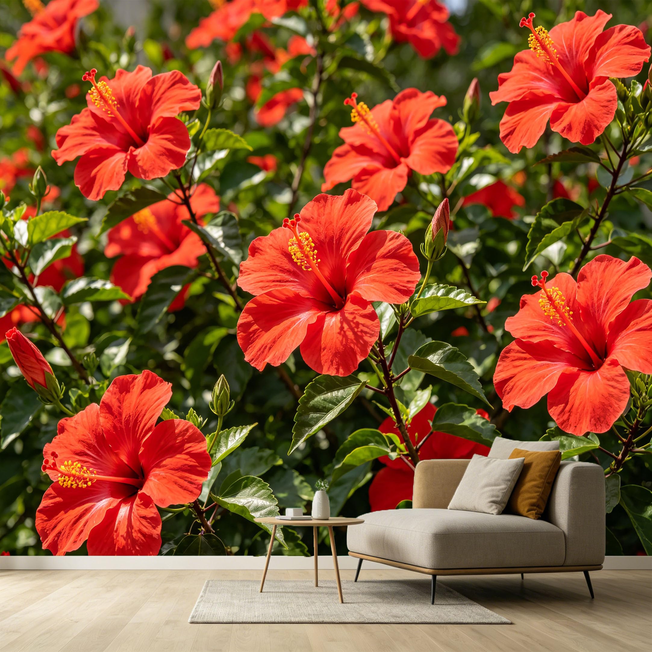 Custom Size Wall Murals Red Hibiscus Botanical Watercolor Large Bloom Plant SelfAdhesive Wall Fabric Removable Large Wallpaper for Photo Living Room Interior Decor