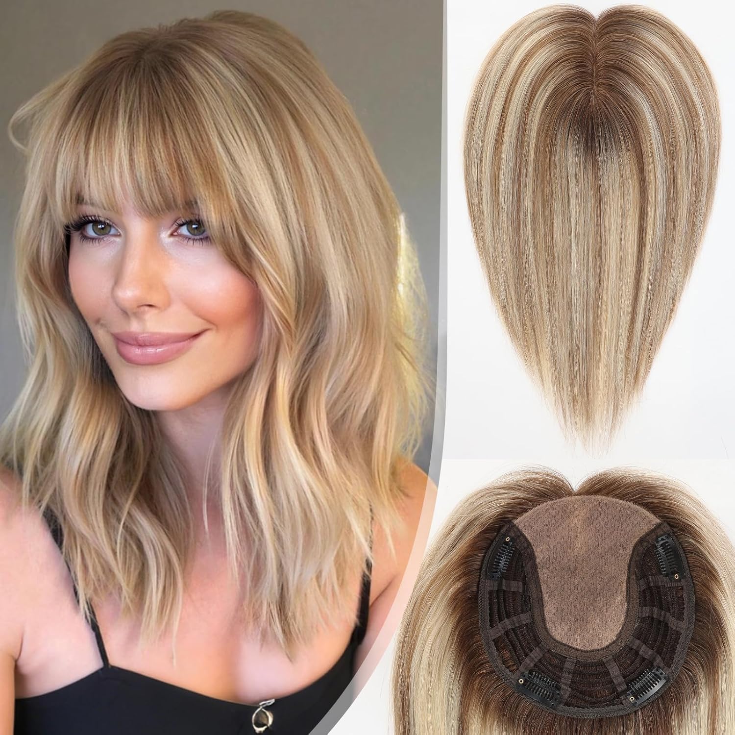 starluck Hair Toppers for Women Real HumanHair 7"*7" Large Base ombre Blonde mix Brown with Bangs 100% Real Human Hair Toppers for Women with ThinningHair Cover Gray Roots