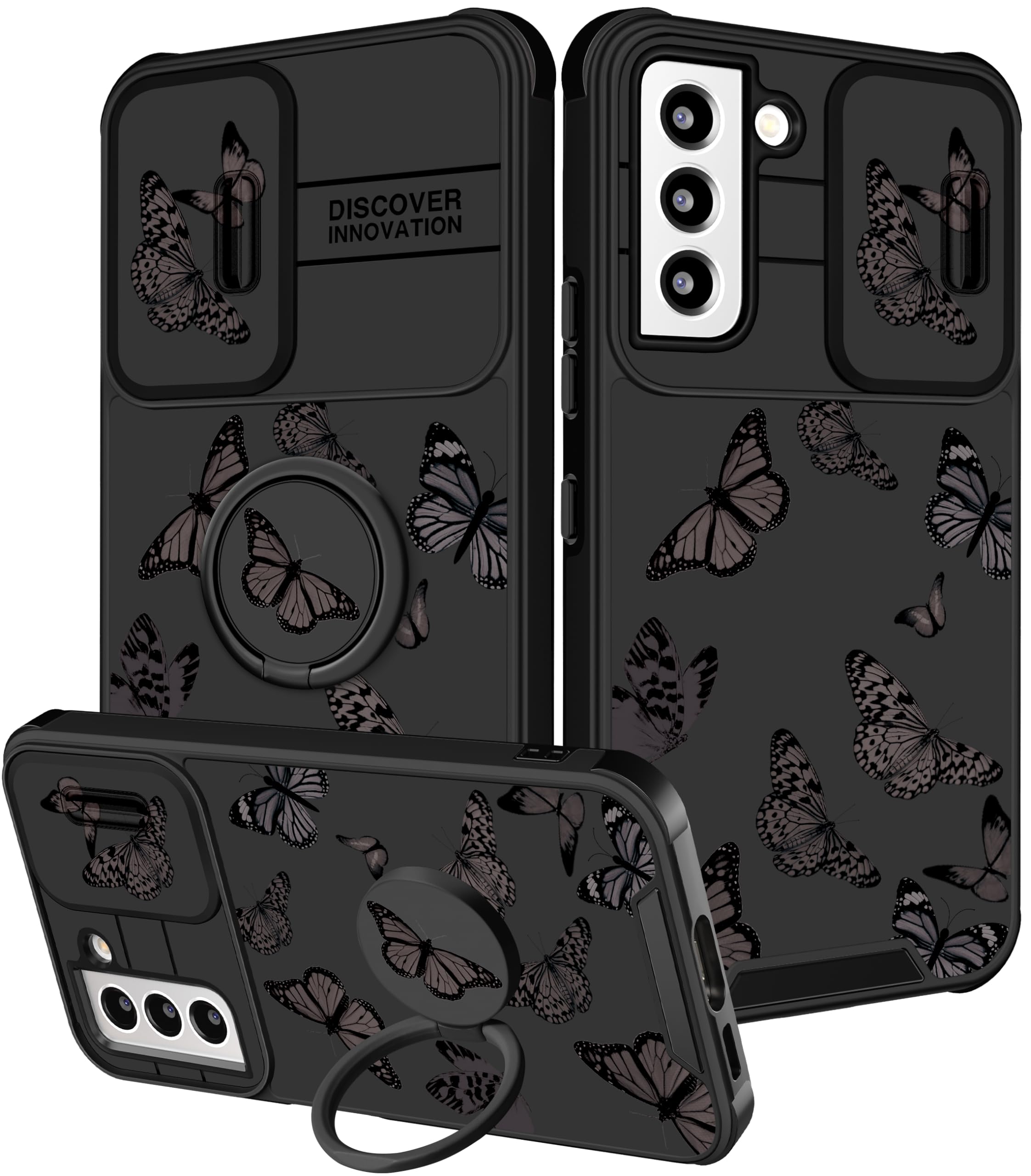 Funermei (2in1 for Samsung Galaxy S22 Case for Girls Women Cute Butterfly Cover Girly Aesthetic Black Pretty Fashion Design with Camera Cover and Ring Stand Funda for Galaxy S22 Phone Cases