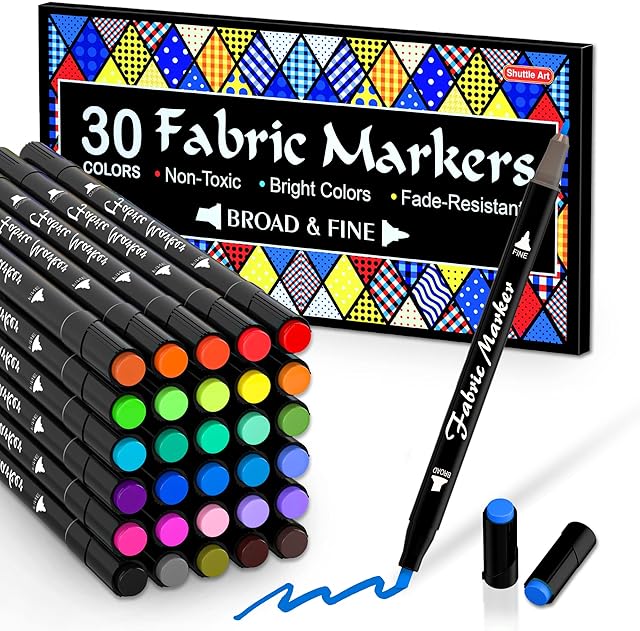 Shuttle Art 30 Colours Fabric Pens Permanent for Clothes, Dual Tip Fabric Marker Pens for T-shirt, Shoes , Non-toxic & No Bleed Permanent Fabric Pens for Kids Adult Painting Writing