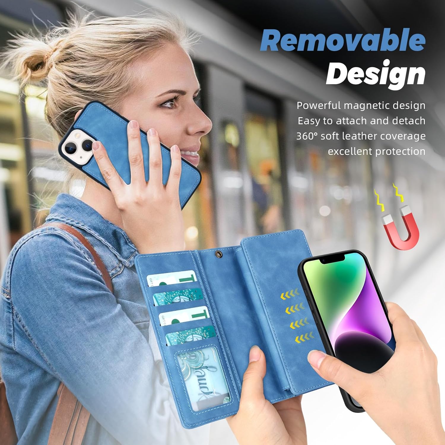 TwoHead for iPhone 14 Wallet Case with Card Holder, Detachable Magnetic Phone Case PU Leather Wallet for Women/Men, with Wrist Strap (6.1 in, Sky Blue)