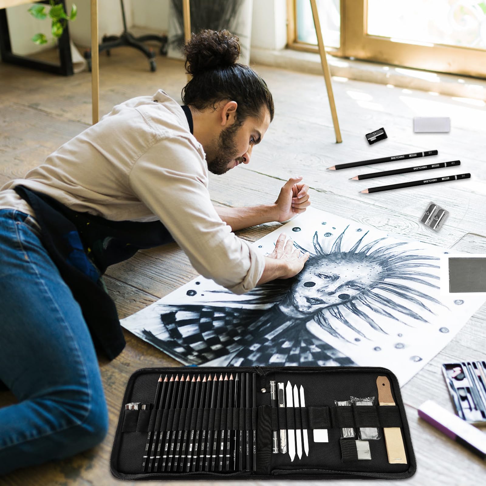 UCAMP Kit da disegno 35 pezzi con matite per artisti, set professionale con borsa per principianti