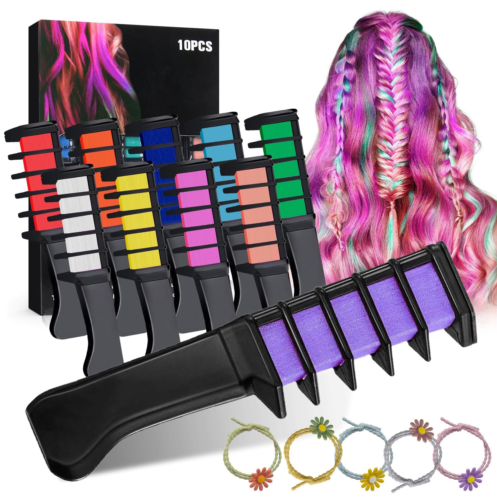 Colorato Gesso per Capelli Pettine, Colorante Temporaneo Luminoso per Capelli per donne, Lavabile Gesso per Capelli per Festa Compleanno Fai Da Te Trucco Cosplay Look (10 Colori