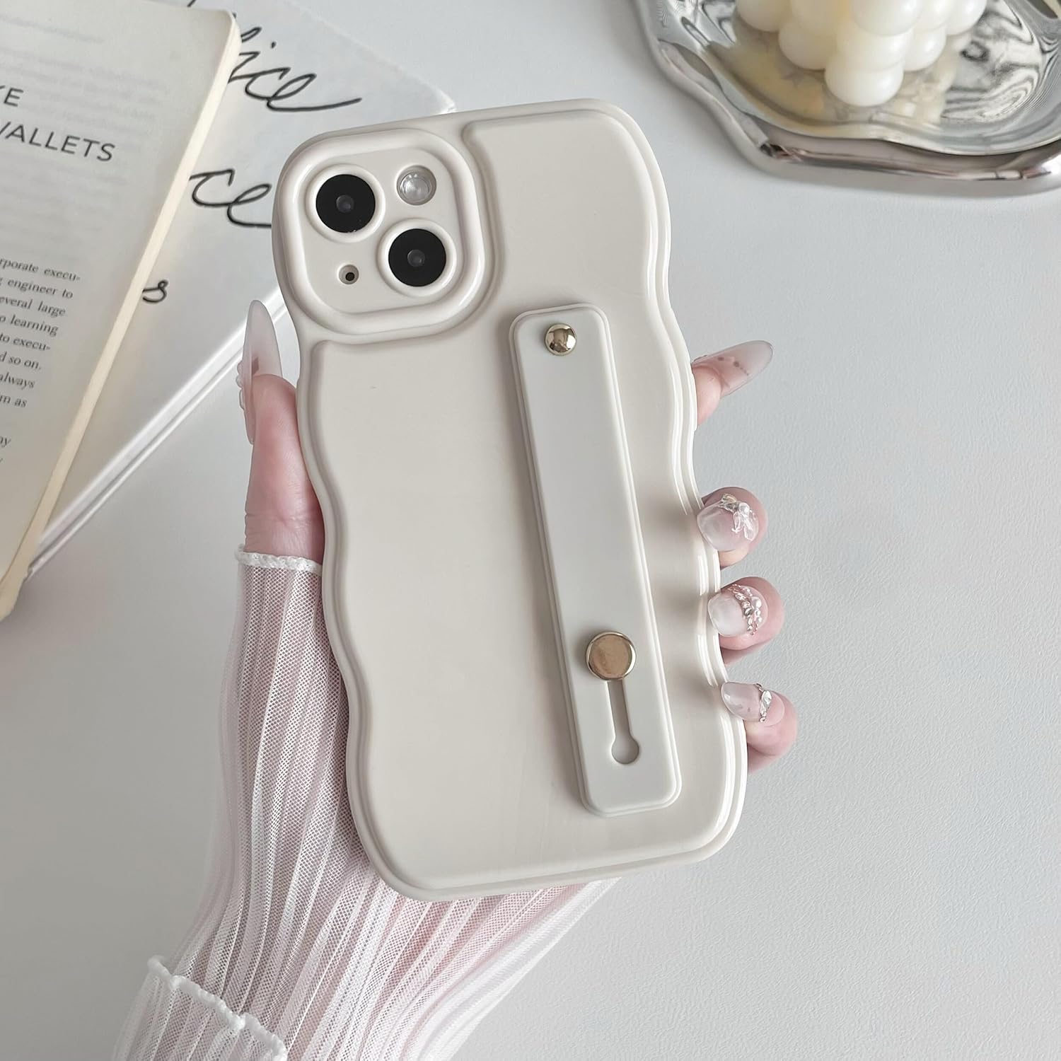 FABSPARK Phone Case for iPhone 14 with Flexible Adjustable Soft Finger Hand Wrist Strap Holder Kickstand,Wave Design Wavy Frame Silicone Aesthetic for iPhone 14 Phone Case,Beige - Image 2