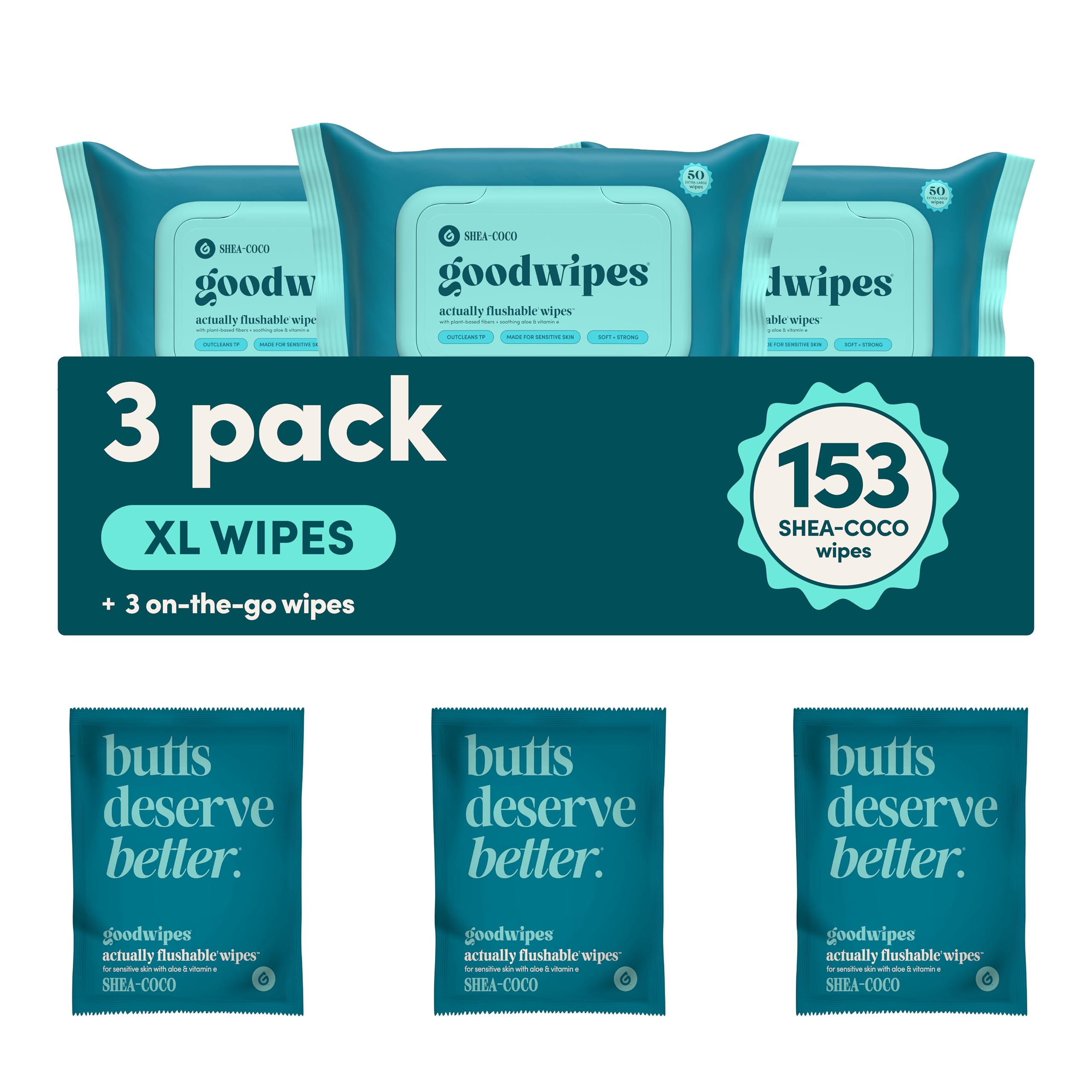 goodwipes Flushable Butt Wipes - Vitamin E & Aloe - Sewer & Septic Safe - Extra Large Adult Wet Wipes For Women & Men - Bathroom Essentials - Shea-Coco, 153 Count (3 Packs + 3 Individually Wrapped)