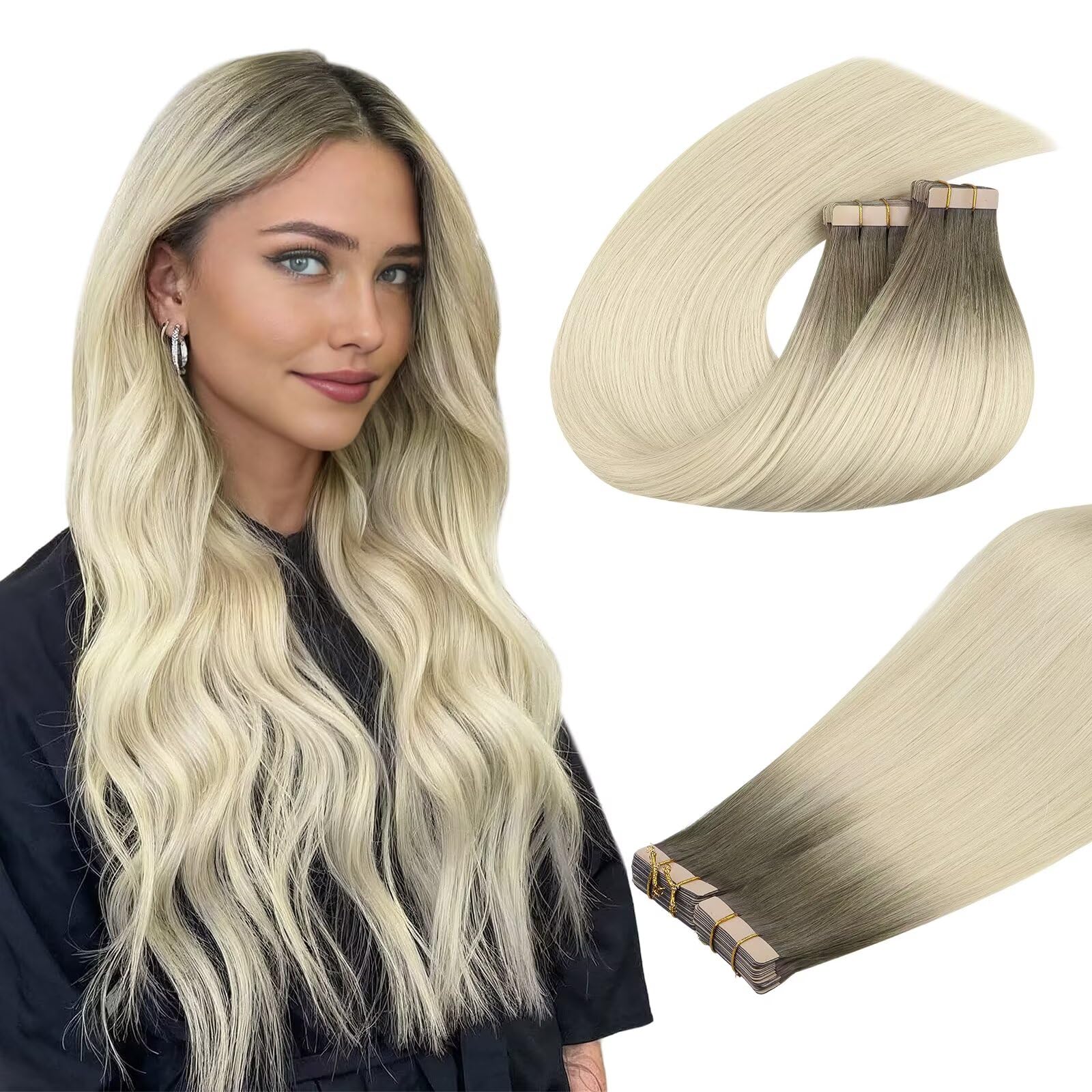DOORES Tape in Hair Extensions Human Hair Balayage Light Ash Brown to Ash Blonde 16 Inch 40pcs 100g Remy Human Hair Extensions Tape in Natural Hair