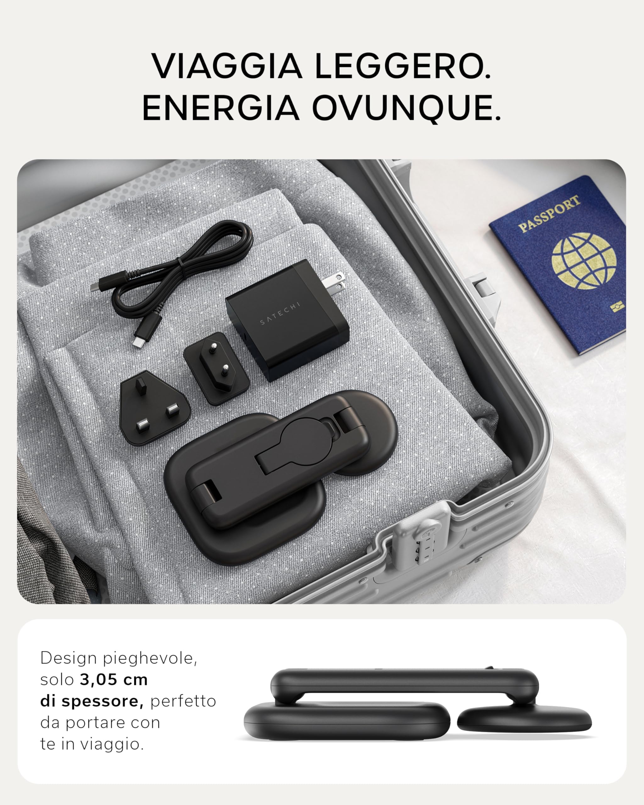 SATECHI Caricatore Magnetico Qi2 3 in 1 Pieghevole, 25W, Nero Siderale | 45W adattatore USB-C incluso, per iPhone 17, Apple Watch Series 11, AirPods