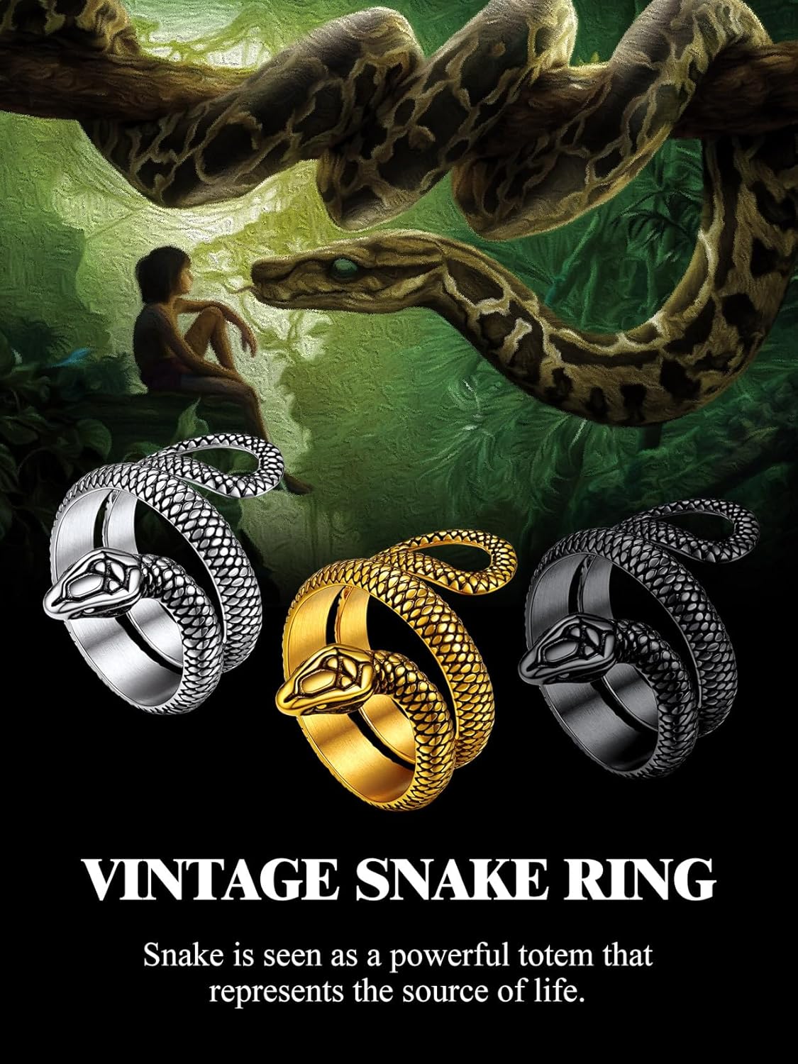 Stainless Steel/18K Gold Plated/Black Snake Ring for Men Women Size 7-12 Serpent Reptile Rings Punk Gothic Jewelry(with Gift Box) - Image 5
