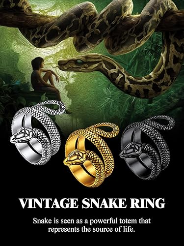 Miniatura 6 de Anillo de acero inoxidable chapado en oro de 18 quilatesserpiente negra para hombres y mujeres, tamaño 7-12, anillos de reptil de serpiente punk