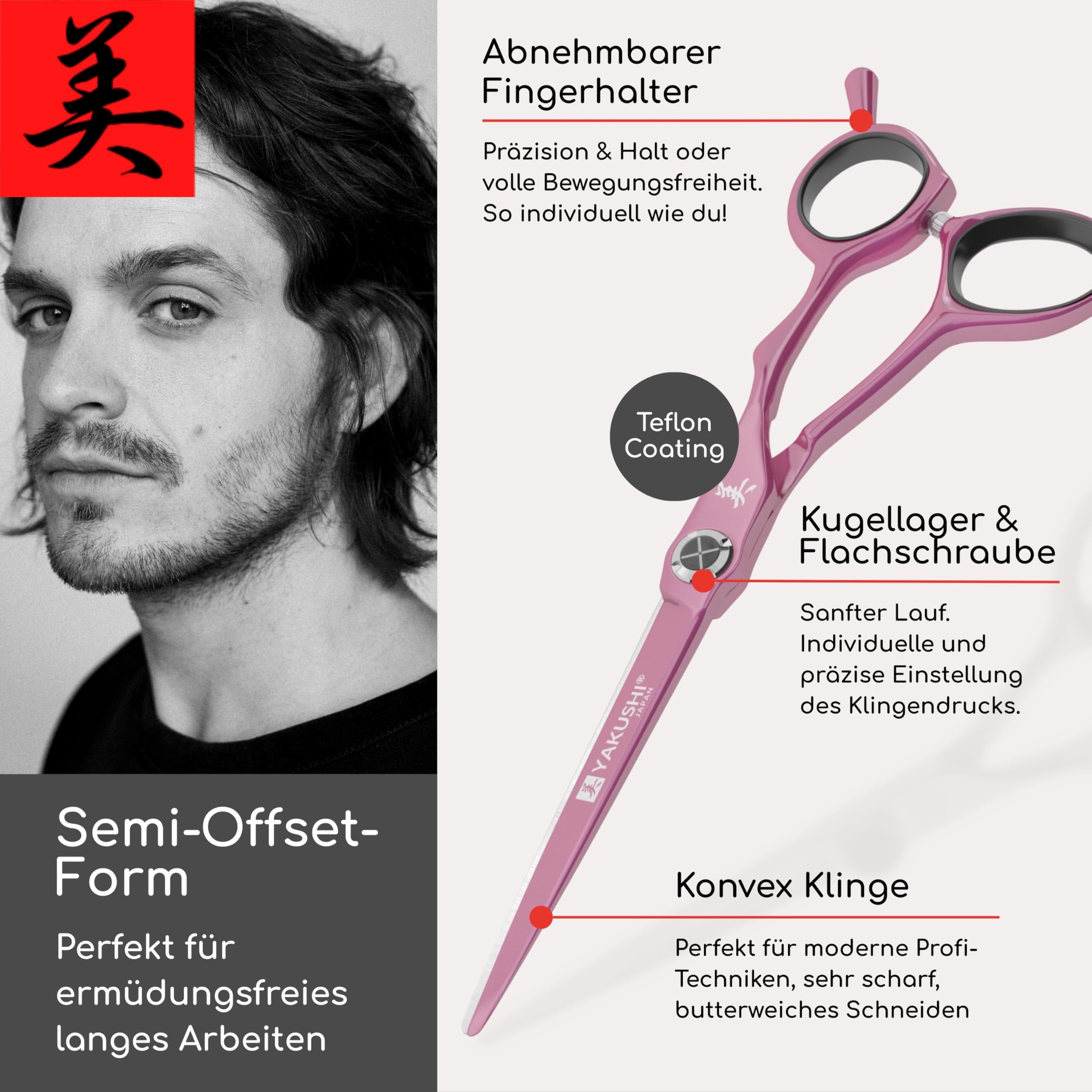 YAKUSHI CHAMEO PINK BEAUTY Haarschneideschere 5,5'' I Special-Line I Schere aus Titanium Japanstahl mit Teflon Beschichtung I Rasiermesserscharfe Friseurschere mit abnehmbarem Fingerhalter