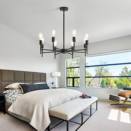 Miniatura 9 de NILSE Candelabro negro, lámpara de comedor de 8 luces, bombilla giratoria, enchufe industrial vintage, lámpara colgante de altura ajustable para