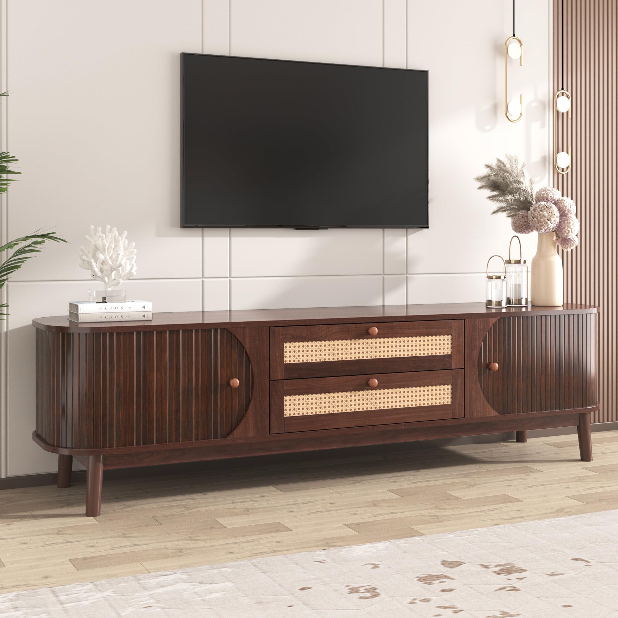 Virubi Rattan TV Stand for TVs up to 75'', Boho Entertainment Center with 2 Doors & 2 Drawers, Long TV Console with 2 Cord Holes, Solid Wood Feet, Vintage Console Table for Living Room - Brown