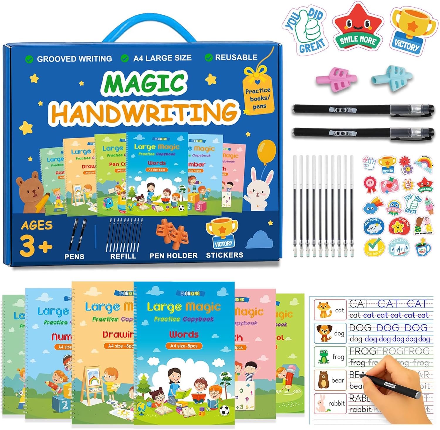 Large Magic Practice Copybook for Kids,Handwriting Grooved Practice Book 6 Pack with Pen Refill English Cursive Calligraphy Reusable Age 3-8（A4 Size）