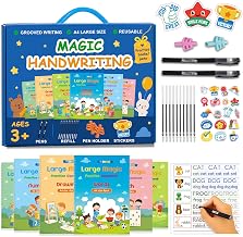 Large Magic Practice Copybook for Kids,Handwriting Grooved Practice Book 6 Pack with Pen Refill English Cursive Calligraphy Reusable Age 3-8(A4 Size)