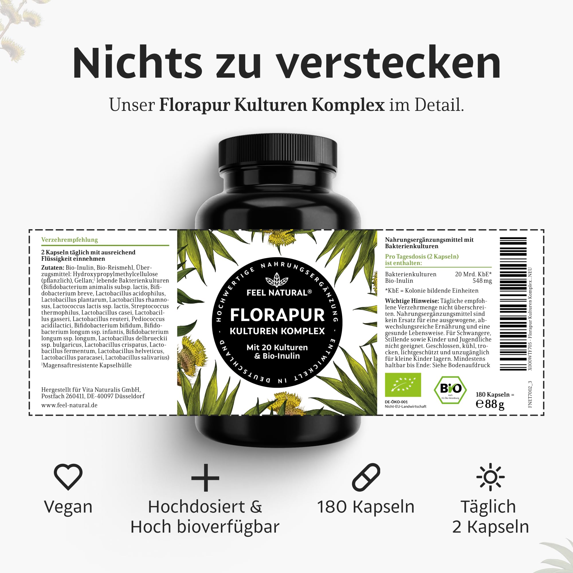 Florapur Kulturen Komplex - 180 magensaftresistente Kapseln - 3 Monatsvorrat - 20 Bakterienkulturen & Bio Inulin - 20 Mrd. KbE je Tagesdosis - Milchsäurebakterien, Bifidobakterien - vegan